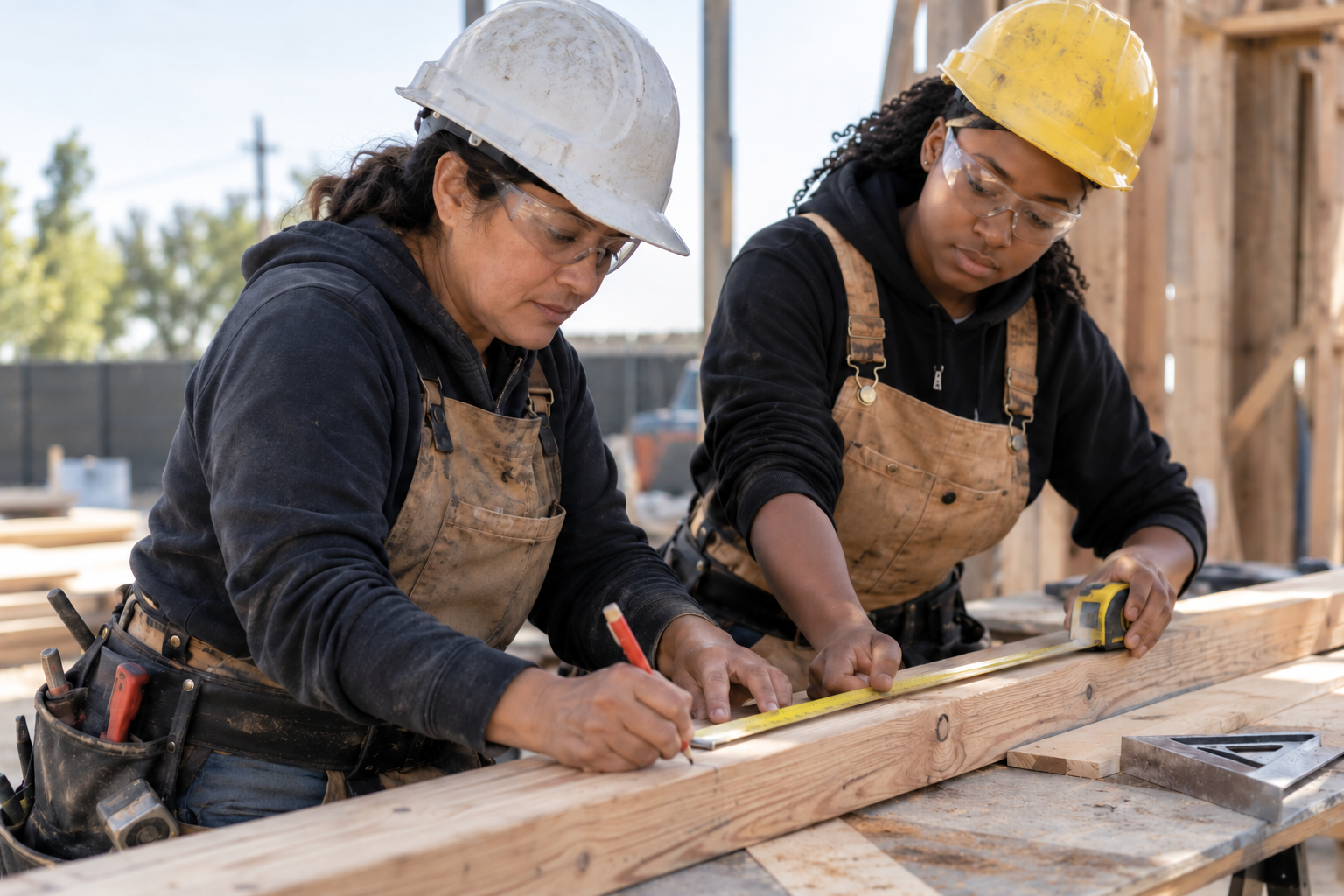 AI-generated illustration: Two women measuring and marking lumber on a construction site