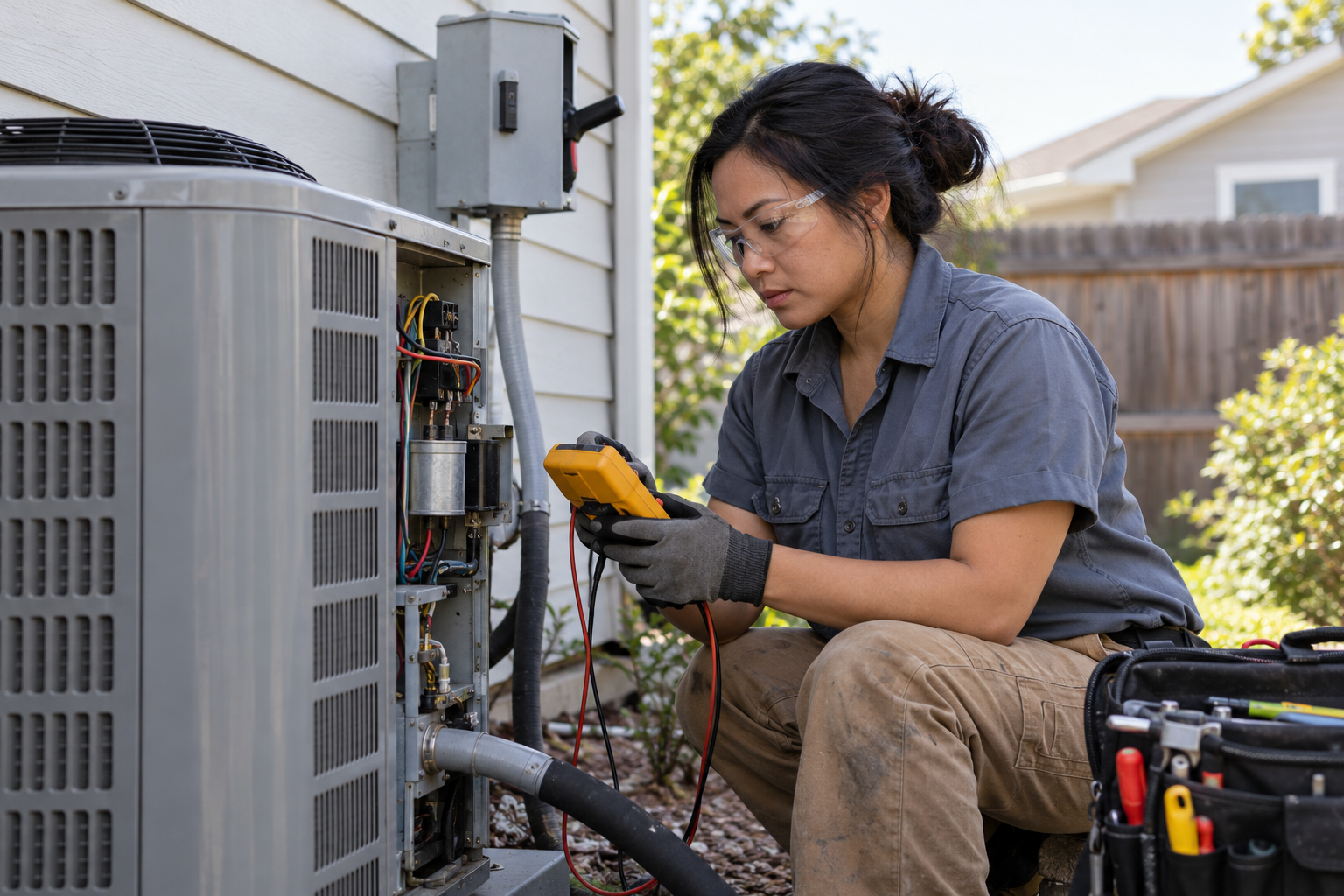 AI-generated illustration: Woman HVAC technician inspecting an outdoor condenser