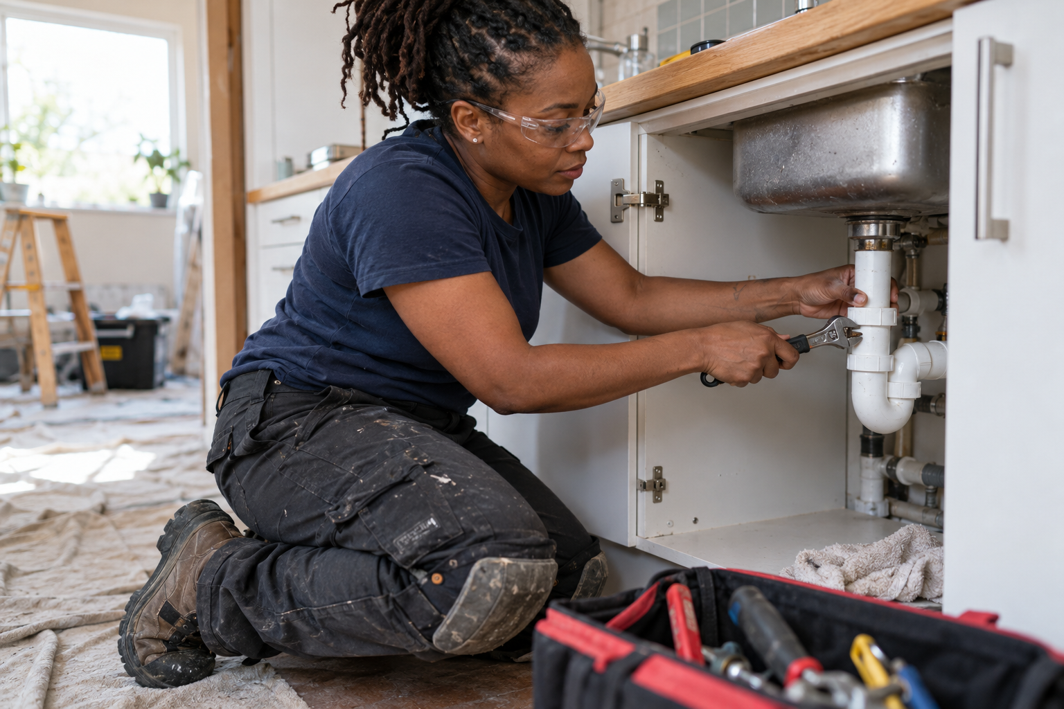 AI-generated illustration: Woman plumber checking an under-sink drain
