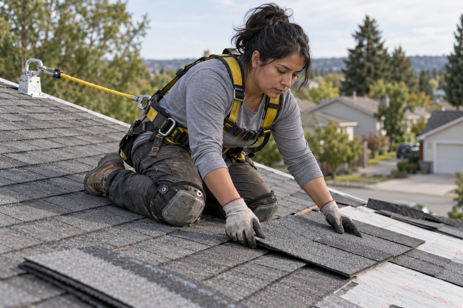 AI-generated illustration: Woman roofer positioning shingles while wearing a safety harness