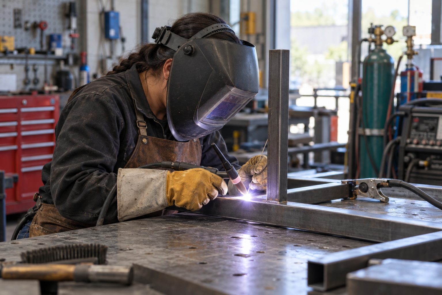 AI-generated illustration: Woman welding a steel joint in a fabrication shop